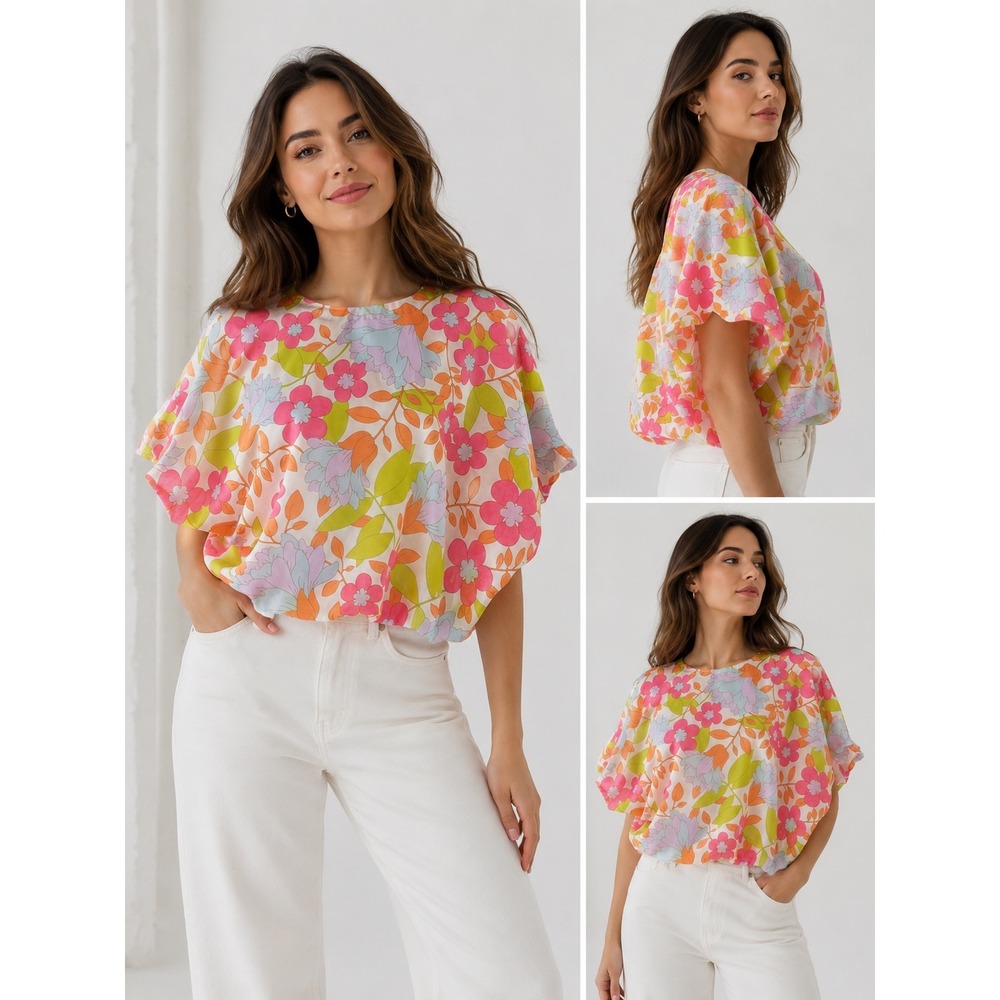 J.Marie Floral Batwing Bubble Hem Top Pink Orange Green JM2837 Womens Small